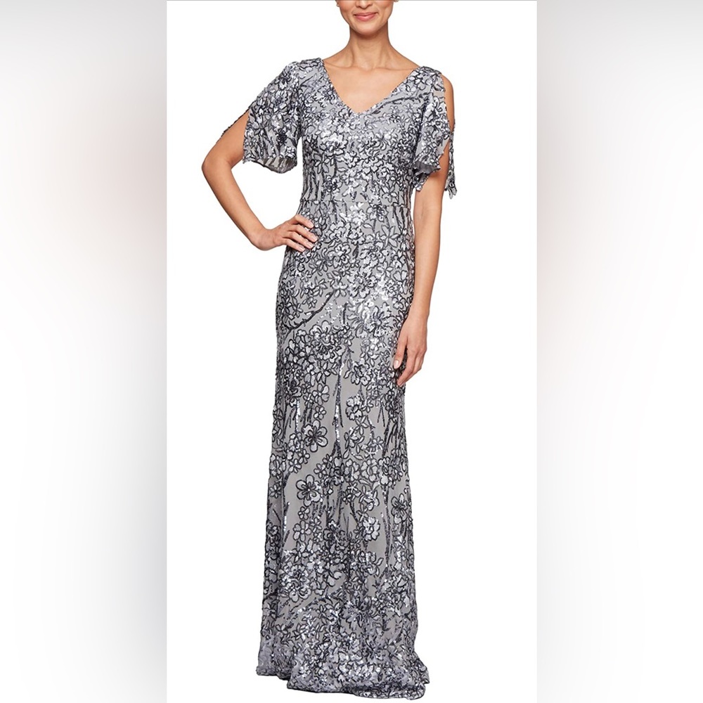NWT Silver Sequin Lace Evening Gown